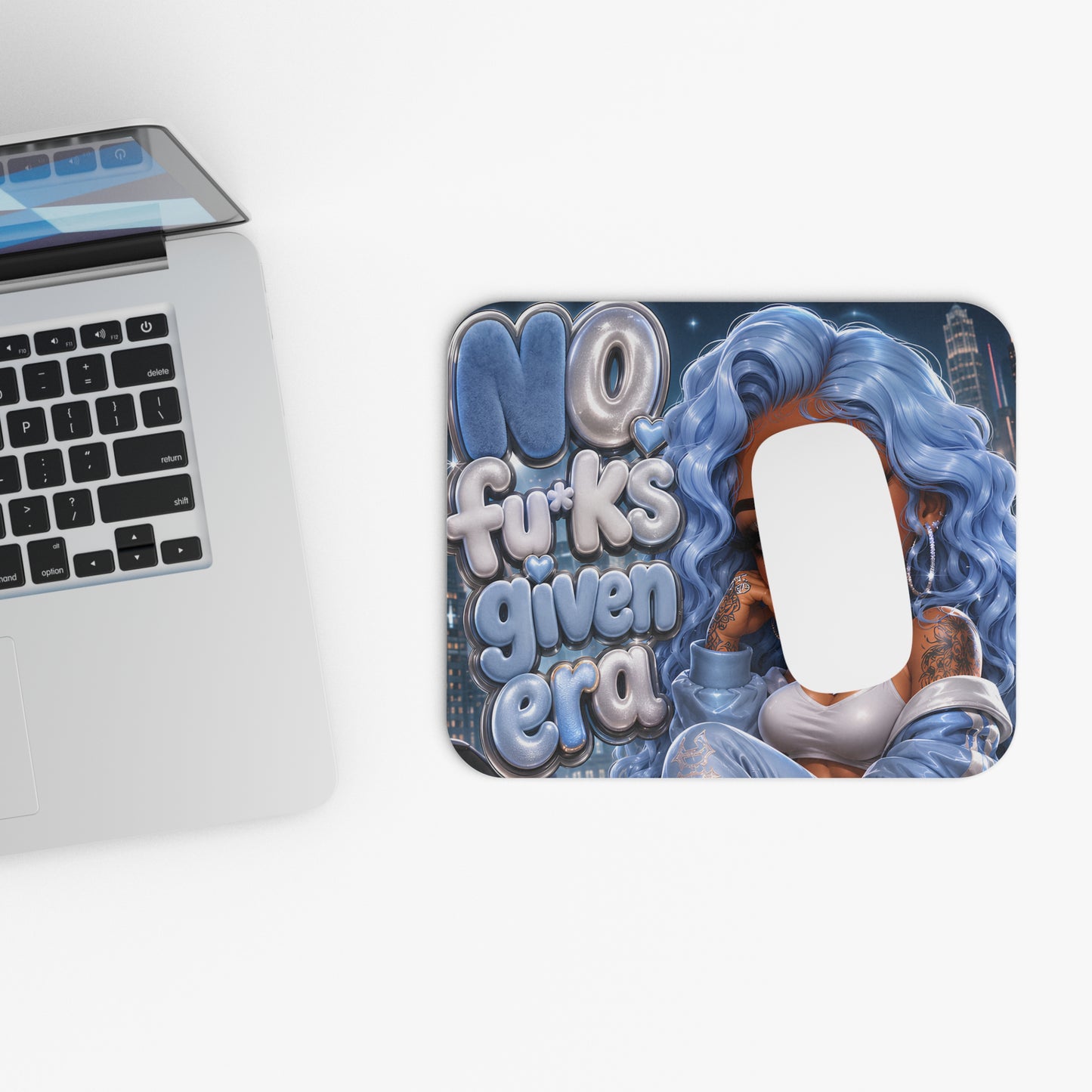 No F*cks Given Era Blue Hair Mouse Pad — Cute Sassy Desk Mat for Teens & Adults