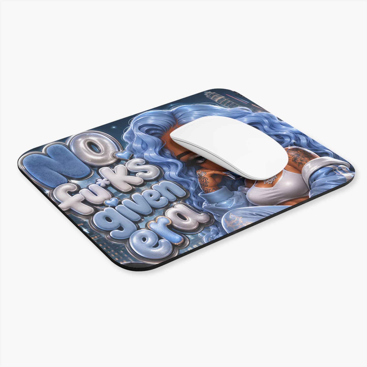 No F*cks Given Era Blue Hair Mouse Pad — Cute Sassy Desk Mat for Teens & Adults